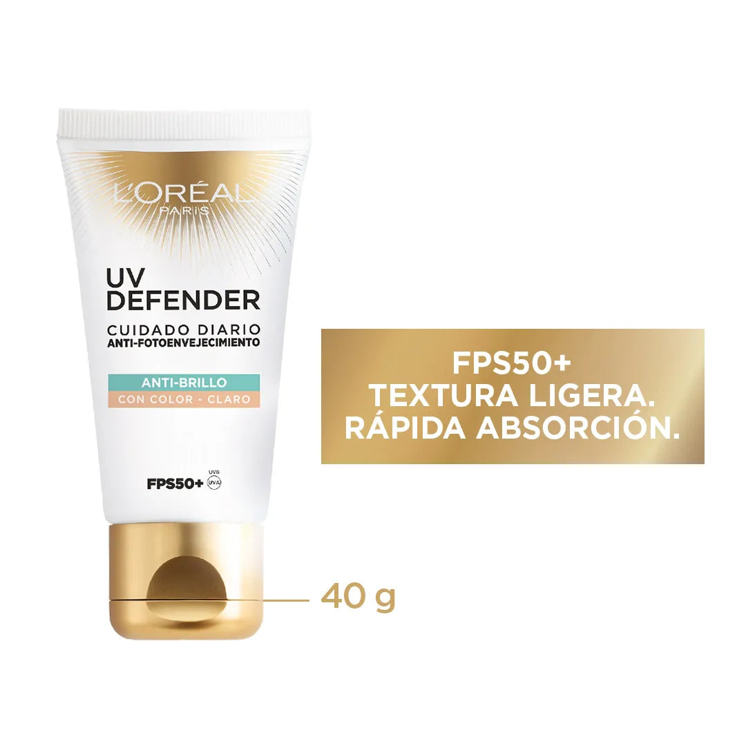 Protector Solar con Color UV Defender 12h Antibrillo FPS50+ Loreal