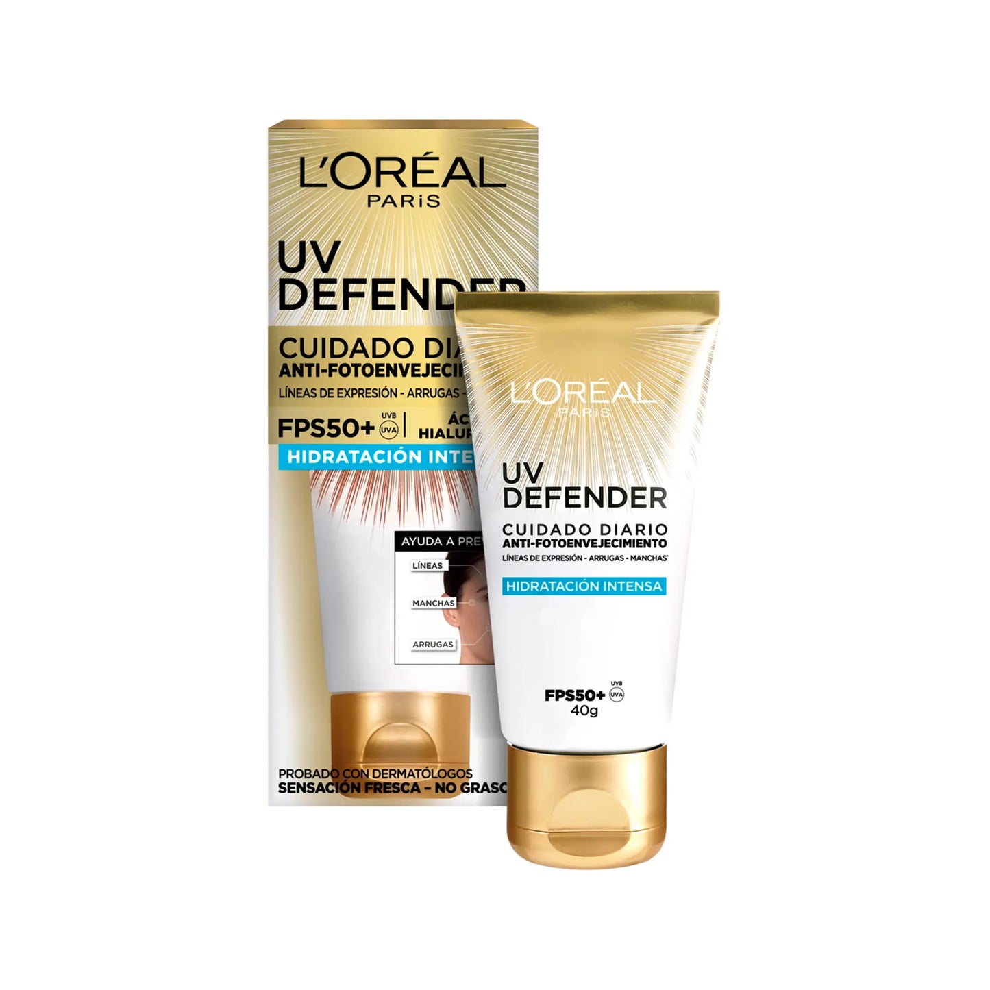 Protector Solar Uv Defender Anti- Fotoenvejecimiento FPS50+ Acido Hialuronico- Hidratación Intensa Loreal