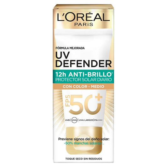 Protector Solar con Color UV Defender 12h Antibrillo FPS50+ Loreal