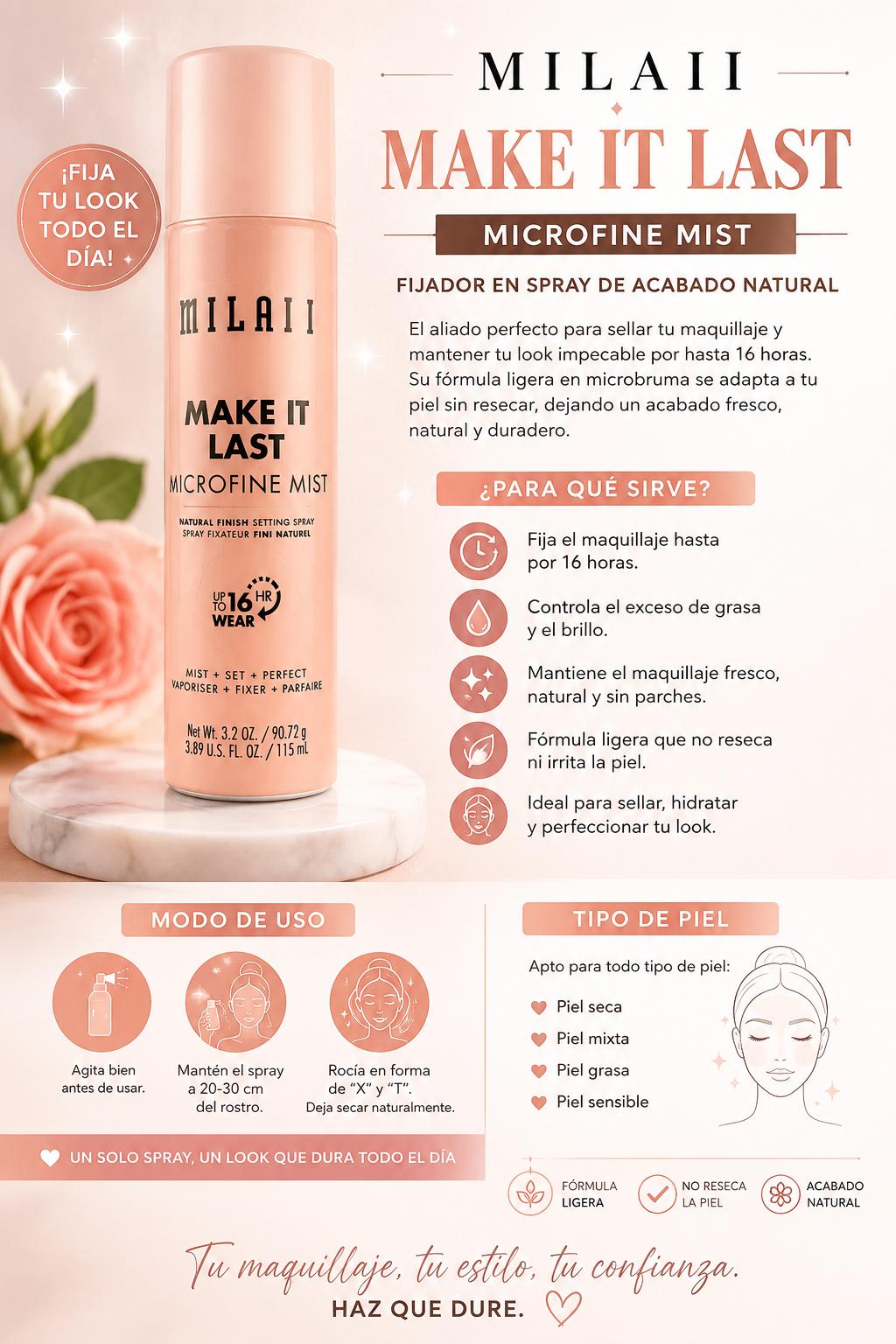 Spray Fijador en bruma microfina Make it Last Milani
